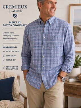 Cremieux Classics Men’s XL Blue Plaid Button Down Shirt Long Sleeve Cotton